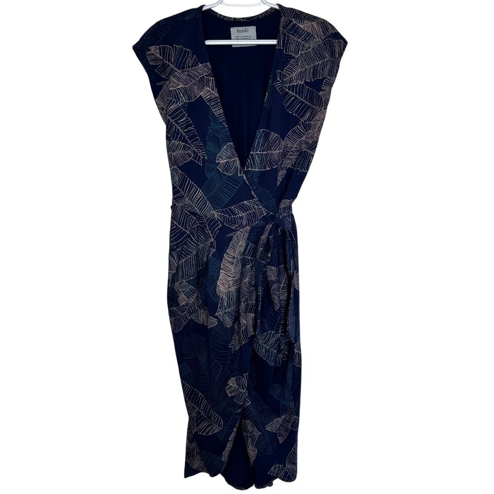 Tonle Womens Wrap Midi Dress Size M Blue Lotus Palms Print Recycled Fabric